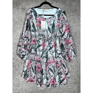 Kimi + Kai‎ Dress Womens Size M Tiered Ruffle Sheer Puff Sleeves Floral Keyhole